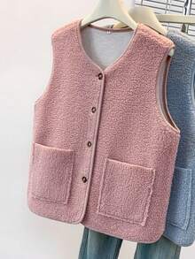 YUXIN Imprescindível para Mulheres no Outono e Inverno! Colete Cardigan sem Mangas de Pele Sintética Macia com Bolsos Duplos, Ultra Quente e Versátil para Uso Diário