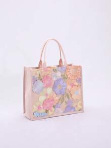 1pc Colorful Sequin Mesh Patchwork Linen Tote Bag, Fashion Floral & Leaf Embroidery Design, Large Capacity Square Shoulder Bag, Casual Beach Vacation Shopping Bag (Floral Pattern Randomly Distributed), Beach Bags, Summer Outfits - Pink - View 4