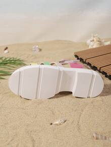 1 par de sandalias con suela gruesa para mujer, decoración de rayas de contraste de colores, cuero patente y cuero sintético, antideslizante, correa con hebilla de punta abierta, tacón de cuña, estilo retro dulce y picante, adecuado para playa y uso diario en verano - Multicolor - Ver 8