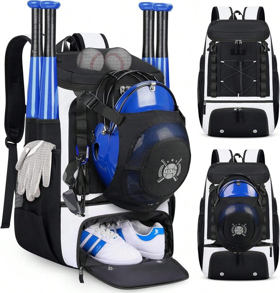 Mochila de Beisbol Bolsa de Béisbol con Compartimento para Zapatos, Almacenamiento de Cascos Mochila Beisbol Ligera - Negro & Blanco - Ver 1