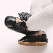 Baby Girl PU Dress Flats Soft Soles Dot Print Mesh Bow Mary Jane Shoes Casual Walking Shoes For Newborn Toddler - màu đen - Xem 2