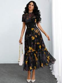 Vestido largo de mujer con cuello redondo, manga corta, cintura ceñida y dobladillo ondulado, de doble capa con estampado elegante de rosas en malla, estilo gótico - Multicolor - Ver 5