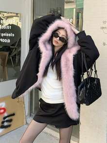 Reversible Hooded Warm Padded Coat For Women, Fluffy Fur Collar, Elegant American Style Pink - Black - View 7