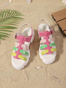 1 par de sandalias con suela gruesa para mujer, decoración de rayas de contraste de colores, cuero patente y cuero sintético, antideslizante, correa con hebilla de punta abierta, tacón de cuña, estilo retro dulce y picante, adecuado para playa y uso diario en verano - Multicolor - Ver 4