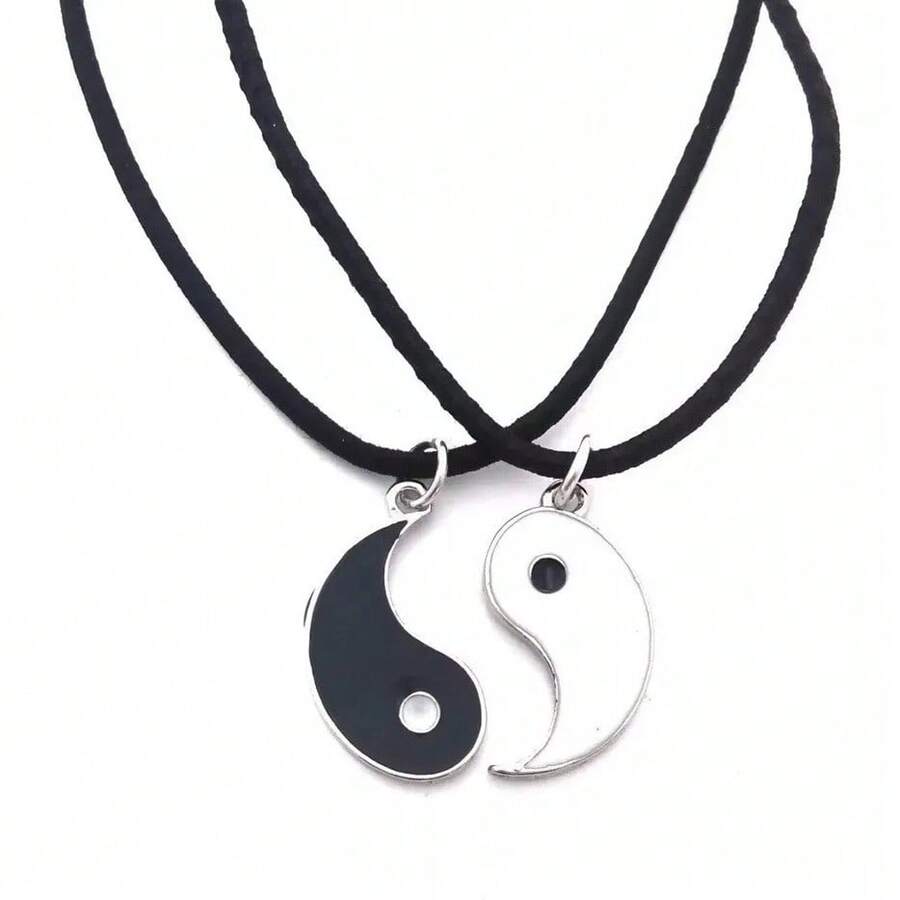 Colar Yin Yang Duplo Da Amizade Best Friends Namorados - Prateado com black - Visão 1