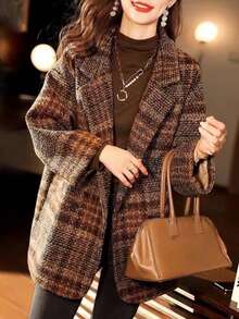 女士宽松格子翻领纽扣休闲长袖外套，带口袋，适合秋、冬、春季穿着。