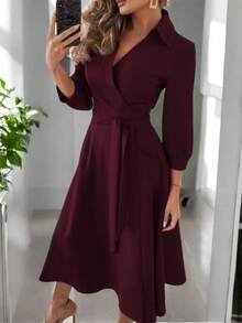 Vestido Largo Mujer Elegante Cruzado Con Cinta Para Ajustar y Detalle En Cuello , Ideal Para Cenas O Fiesta - Vino - Ver 1