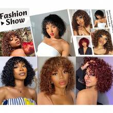 Zealady Short Curly Bob Human Hair Wigs With Bangs Glueless Wigs For Women Human Hair Wear And Go Brazilian Kinky Wave Curly Wigs With Bangs 2*1 Mini Lace Closure Wigs Human Hair Natural Color 10-14 Inch - Natural Black - 查看 8