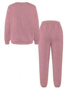Relaxed Texture Pullover Pants, Long-Sleeved Round-Neck Sportswear And Jogging Pants Combination, Women's Clothing, High-Quality Textured Casual Pullover Set, Releasing A Sense Of Relaxation And Ease - 粉色 - 查看 5