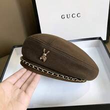 A High-End Metal Rabbit Beret For Women With Autumn And Winter Retro Style Chain Decoration, Versatile And Eye-Catching Small Artist Hat, Suitable For Wearing In Autumn And Winter Seasons And Daily Commuting - Coffee Brown - View 9