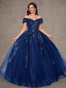 女士优雅露肩婚纱，带亮片刺绣蕾丝，露背系带伴娘礼服，适合婚礼、舞会、派对、节日 - 藏青色 - 查看 5