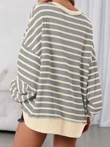 Womens Fall Striped Oversized Sweatshirt Long Sleeve Button Up Henley Neck Waffle Knit Pullover Tunic Tops - Beige Stripes On Light Grey Background - View 2