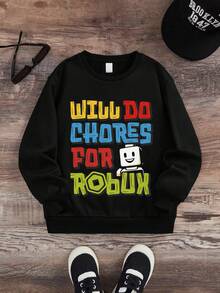 Jeune garçon Décontracté Simple Enfantin Coloré Lettre Slogan Robot Imprimé Pull Col Rond Manches Longues Automne et Hiver Nouveau - Noir - Voir 2