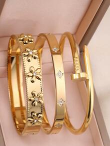 3件/1件 时尚18K镀金不锈钢四叶草钉手链，适合女士派对、日常佩戴，欧美风格，个性化，大方，奢华立方氧化锆手镯，婚礼首饰套装，送给女孩、女士、亲戚、朋友的礼物，精美婚礼、生日、情人节礼物
