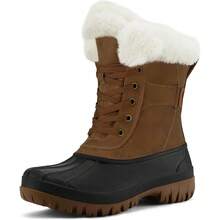 PENNYSUE Women's Waterproof Insulated Snow Boots, Warm Lace Up Mid Calf Duck Boots For Outdoor And Winter Wear - 黑色/棕色 - 查看 10