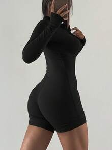 Mono casual de mujer con cremallera frontal, manga larga y cuello alto en unicolor - Negro - Ver 3