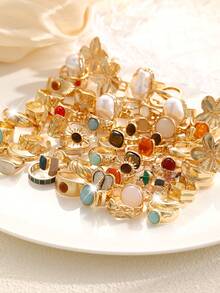 28/6pcs Vintage Elegant Bohemian Style Colorful Gemstone & Irregular Pearl Metal Ring Set, Suitable For Daily Wear And Party (Random Delivery) - Style 24 - View 3