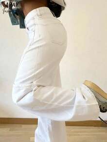 Women's Mid-Rise Straight-Leg White Patchwork Casual Cargo Jeans - Suitable For Daily Commute And Streetwear Spring - White - View 7