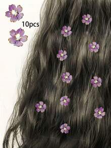 10个/套薰衣草花朵发夹，精致小巧的花朵点缀闪亮水钻，清新自然——适合女孩和女士，日常、婚礼或特殊场合佩戴，增添低调优雅。轻巧易用，牢固固定发型。尽情享受这些小花朵的温柔之美吧！发夹、发卡、发卡、度假装扮、派对造型、发饰、头饰、发卡 - 紫色 - 查看 9