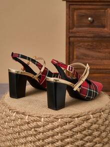 WHDXY Giày cao gót mũi vuông kẻ caro 7cm, giày cao gót nữ, phong cách học thuật, công sở/đi làm, gót hở, giày bệt mặc hàng ngày - Đỏ - Xem 4