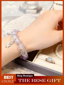 Crystal Beaded Bracelet For Women, Glass & Synthetic Crystal Bracelet, Elegant Adjustable Stretch Bracelet With  Flower Beads, Dainty Bohemian Beaded Jewelry Gift - 紫色 - 查看 4