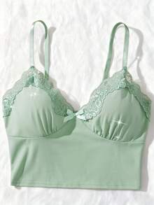 2 件纯色蕾丝边性感内衣 - 时尚蝴蝶结吊带上衣和弹力透气短裤 - 女士舒适睡衣 - 綠色 - 查看 6
