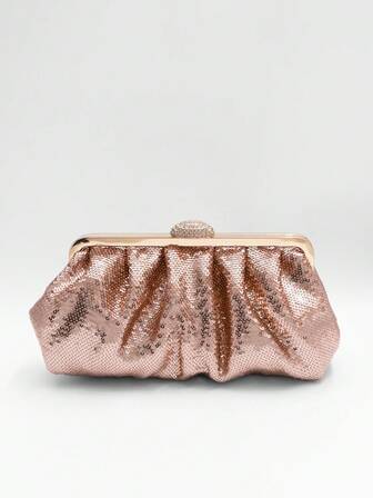 1pc Rose Gold Pleated Sequin Clutch Bag, Glamorous Sparkling Elegant Style Handbag With Gold Hardware And Rhinestones, Suitable For Parties, Galas, Graduations, Bridal Weddings And Other Formal Occasions