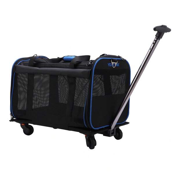 Transportín con ruedas desmontable para mascotas pequeñas (perros y gatos) - Negro/Azul