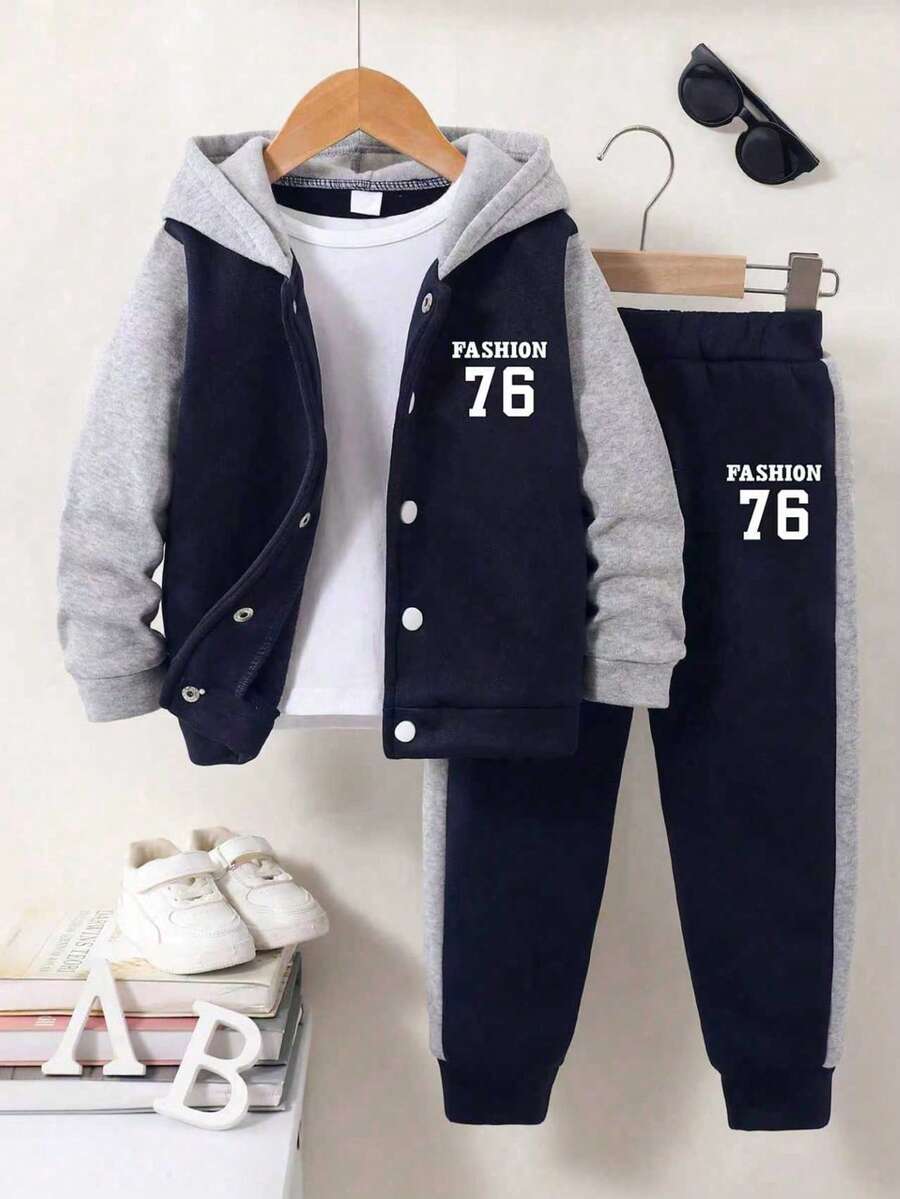 2pcs/Set Young Boy Letter & Number Print Hooded Jacket And Casual Pants Outfit - Royal Blue - View 1