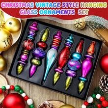 6 Pcs Large 7.1inch Christmas Finials Glass Vintage Ornaments Hanging for Holiday Tree Decoration - Multicolor - Ver 3