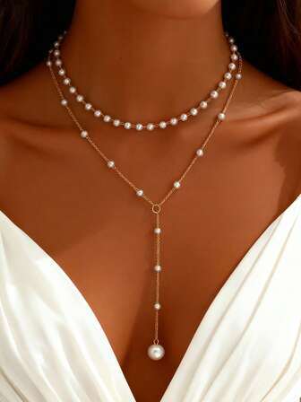 1pc Glamorous Faux Pearl Decor Layered Necklace For Women For Daily Decoratio
