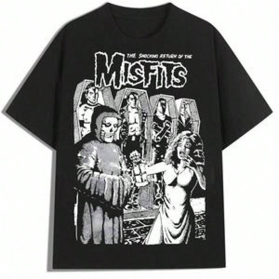 Misfits Black & White Illustration Print-Shirt, 220g Cotton Unisex Tee With Casual Graphic Design, Comfortable Versatile Fit Streetwear And Daily Casual Style Duluth Trading - 黑色 - 查看 1