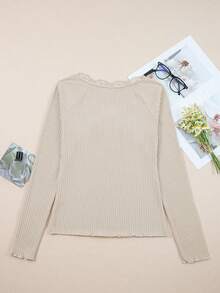 Acelitt Elegant Beige Lace Trim U-Neck Button Decor Ruffle Hem Long Sleeve Ribbed Fitted Top, Spring/Autumn Casual - Apricot - View 7