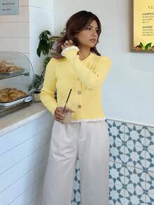 Women's Autumn Graduation Season Casual Crewneck Butter Yellow Ruffle Button Knitted Top Pullover Work/Office - Yellow - View 6