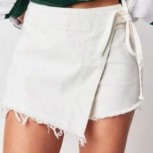 Womens Denim Skorts Casual Mid Waist Tie-Up Side Wrap Skirts Summer Jean Shorts - 白色 - 查看 4
