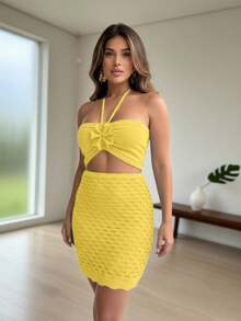 Conjunto Tricô Modal Cropped Saia Curto Verão Moda Elegante - Amarelo - Visão 2