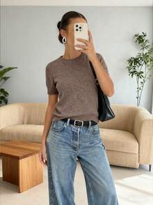 FOR BEAUTY 女士纯色简约优雅通勤套头毛衣，街头时尚学院休闲风，圆领针织上衣，新年 - 茶咖 - 查看 2