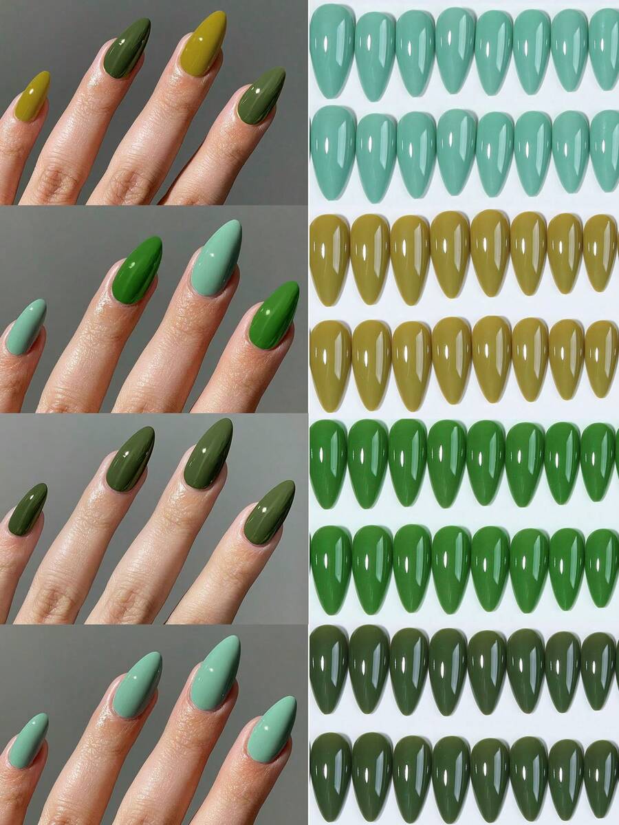 120 buc/cutie (4 amestecate) unghii false verzi migdale, scurte, acrilice, cu acoperire completă, cu cutie de depozitare, potrivite pentru femei și fete, în viața de zi cu zi și la petreceri