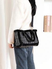 女士毛绒手提包单肩包，秋冬新款时尚优雅可爱托特包，千鸟格拼接仿毛皮，大容量单肩包，可调节肩带，女士休闲外出和日常使用的完美礼物