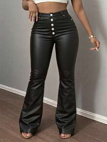 High-Waisted Button Flare Faux Leather Pants, Slimming & Leg-Lengthening, Retro Sexy Style, Versatile Essential - Black - View 1