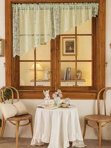 1pc Premium Lace Ruffle Sheer Curtain Panel, Elegant Design With Flower Trim Small Window Valance - Green - View 6