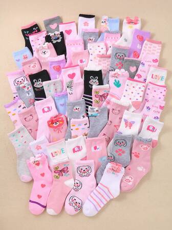 30 Pairs Assorted Pink Series Mid-Calf Socks, Suitable For Girls' Daily Wear/Matching, Patterns Include Rabbit, Heart, Bow, Kitten, Floral Print/Embroidery, Breathable, Comfortable, Soft, Adorable Children/Girls Mid-Calf Socks, Ankle Socks (1-16 Years Old)