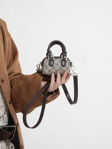 Mini sac à main nouveau sac fourre-tout vintage à motif floral et blocs de couleur en forme de losange, sac bandoulière coquillage - Café - Voir 4