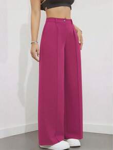 女士高腰褶裥宽松长裤，适合工作和休闲穿着，春夏款 - 玫紅色 - 查看 5