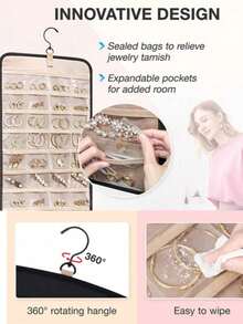 Large Capacity Jewelry Organizer Hanging Bag - Double-Sided Wall-Mounted Closet Storage With Hooks For Earrings/Necklaces/Rings | Dustproof Premium Polyester Door Organizer (Black Valentine's Gift Idea) Hanging Jewelry Organizer, Necklace Holder  Earrings Rings Hanger With Pockets Hang On Closet, Wall, Door,1 Piece, Extra Large Black - 彩色 - 查看 2