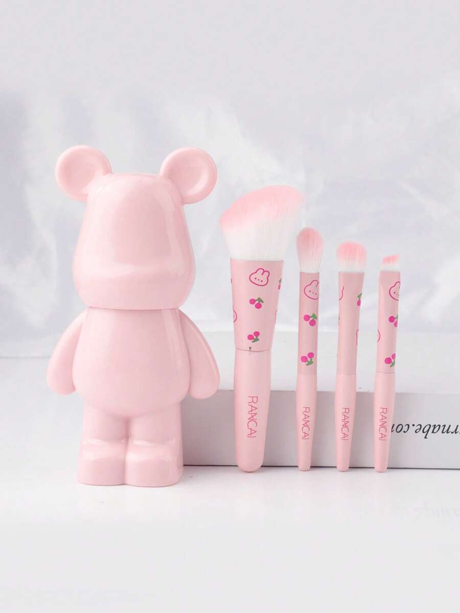 4 PCs Makeup Brush Set, Super Soft Brushes For Foundation, Face Powder, Blending, Eye Shadow, And Liner With RANCAI Bear Bell Jar - Multicolor - View 1