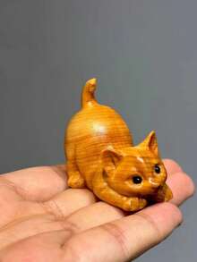 1pc Cute Lazy Cat & Small Yellow Duck, Handmade Wooden Carving Decor, Carved Tabletop Tea Hanging Ornament - Multicolor - View 9