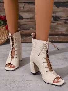 Beige Woven Textured Open Toe Lace-Up Adjustable Chunky Heel Elegant Versatile Office Commute Daily Fashion Women Boots Boots, Spring/Summer - Beige - View 6