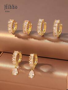 Hihho 3pairs/set Cubic Zirconia Decor Earrings - Yellow Gold - View 8
