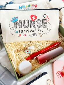 1/5/10pcs Nurse Theme Canvas Bag With Zipper Survival Kit Bag Medicine Bag Gift Bag Letter/Flower/Leopard/Heart/Rainbow Pattern Print Funny Makeup Pouch Portable Toiletry Bag For Nurse Travel Make Up Organizer Makeup Storage Cosmetic Bag Wash Bag Bathroom College Dorm Travel Stuff Multifunctional Cosmetic Organizer Cute Wallet Pouch Coin Purse - Beige - View 5